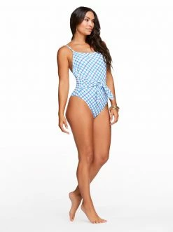 Amerex Afternoon Tea Tie Front One Piece In Caspian Plaid