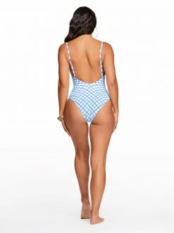 Amerex Afternoon Tea Tie Front One Piece In Caspian Plaid